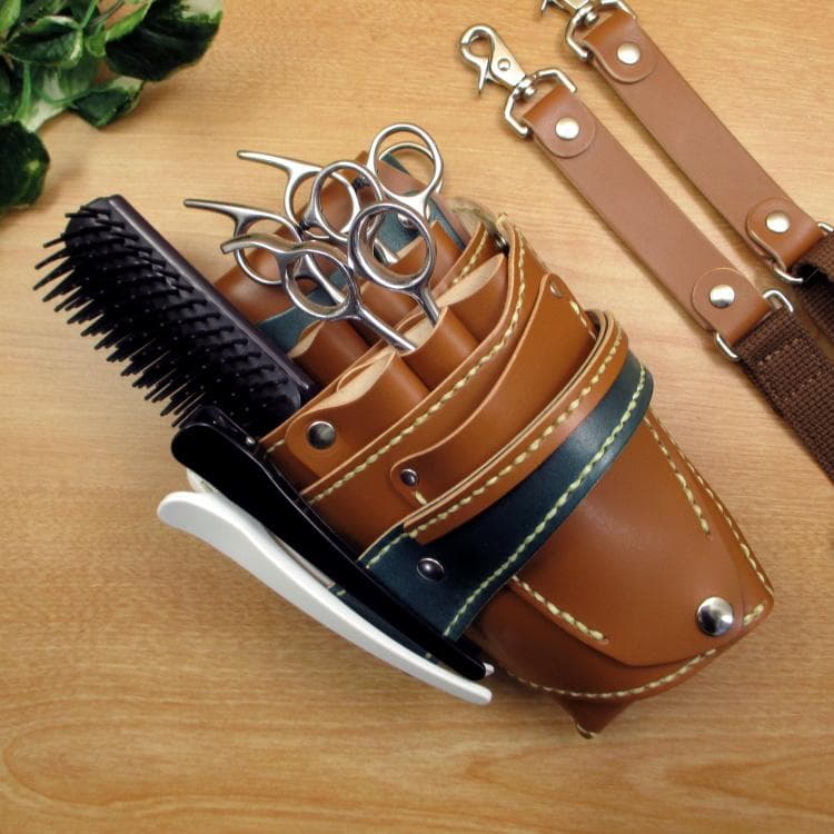 キャメル＆ディープグリーン　６丁差し　本革シザーケース　SCA-151/CCA