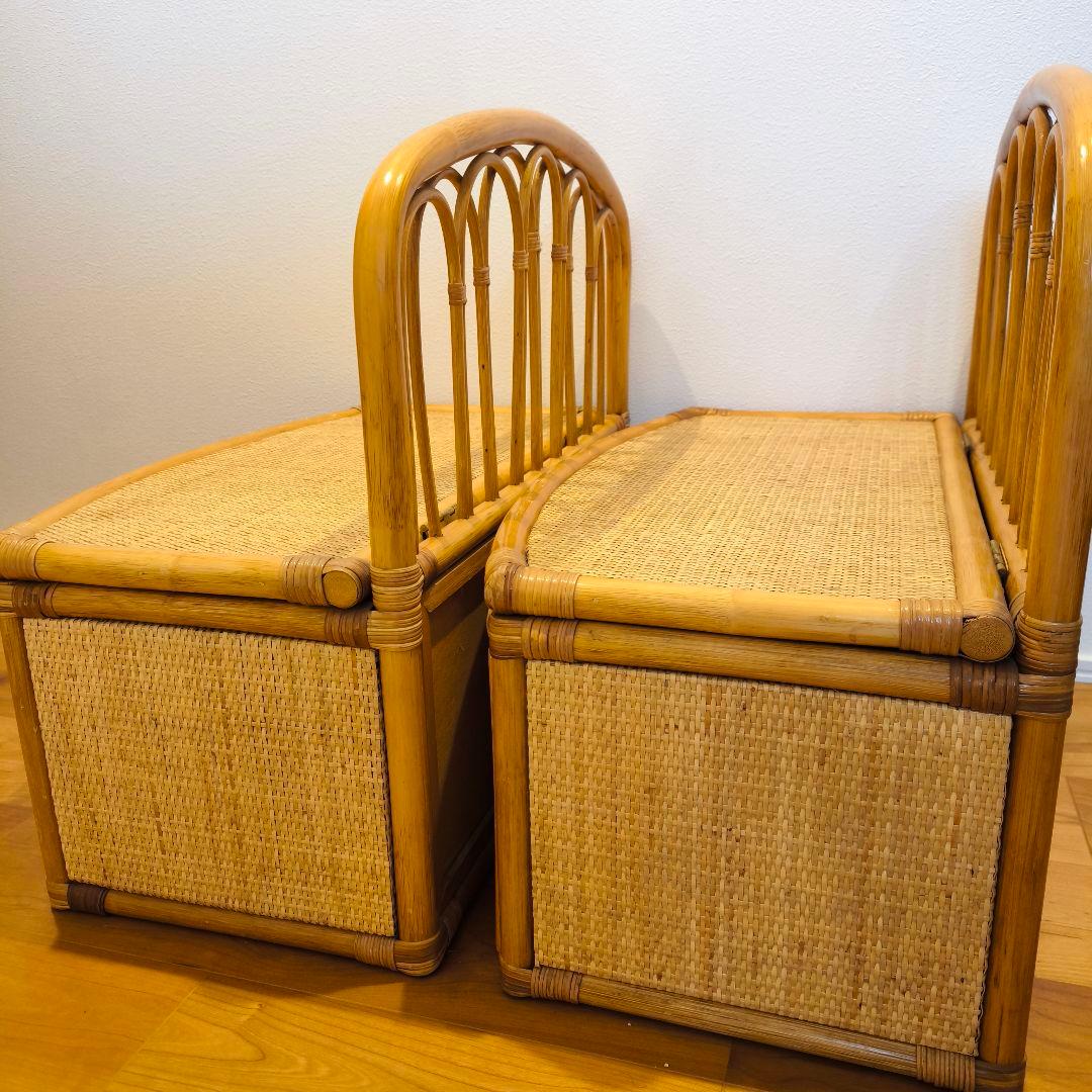 【2個セット】古家具 ビンテージ 籐 オールドラタン 収納型 ボックスベンチ