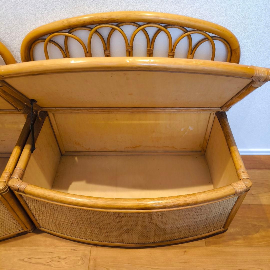 【2個セット】古家具 ビンテージ 籐 オールドラタン 収納型 ボックスベンチ