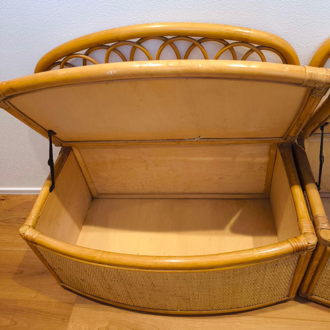 【2個セット】古家具 ビンテージ 籐 オールドラタン 収納型 ボックスベンチ