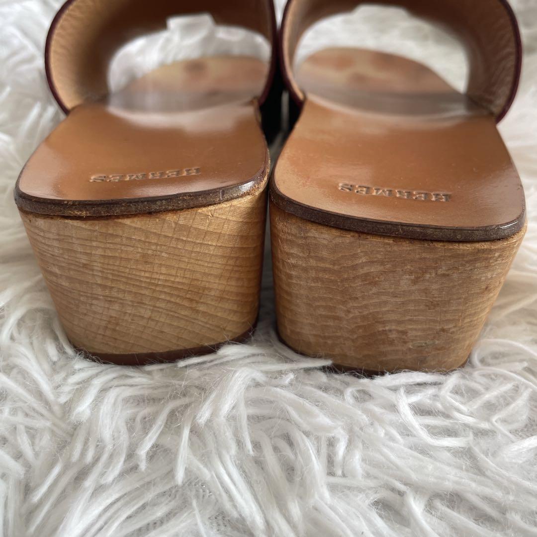 HERMES エルメス　ロゴ　レザー　ブラール ウッドサンダル 厚底