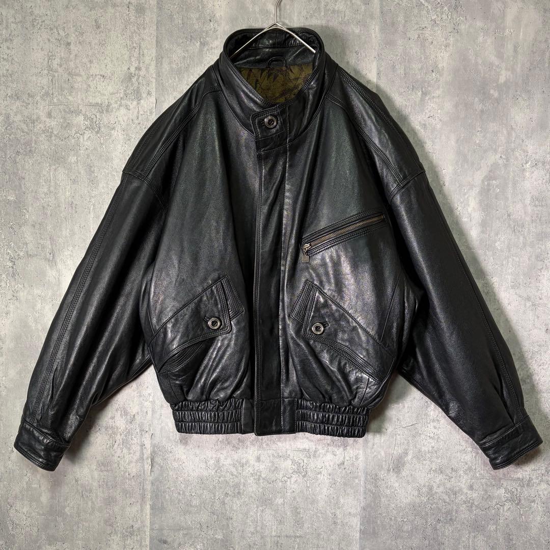 極上 羊革 ラムレザー ジャケット 短丈 黒 裏地総柄 柔らかい