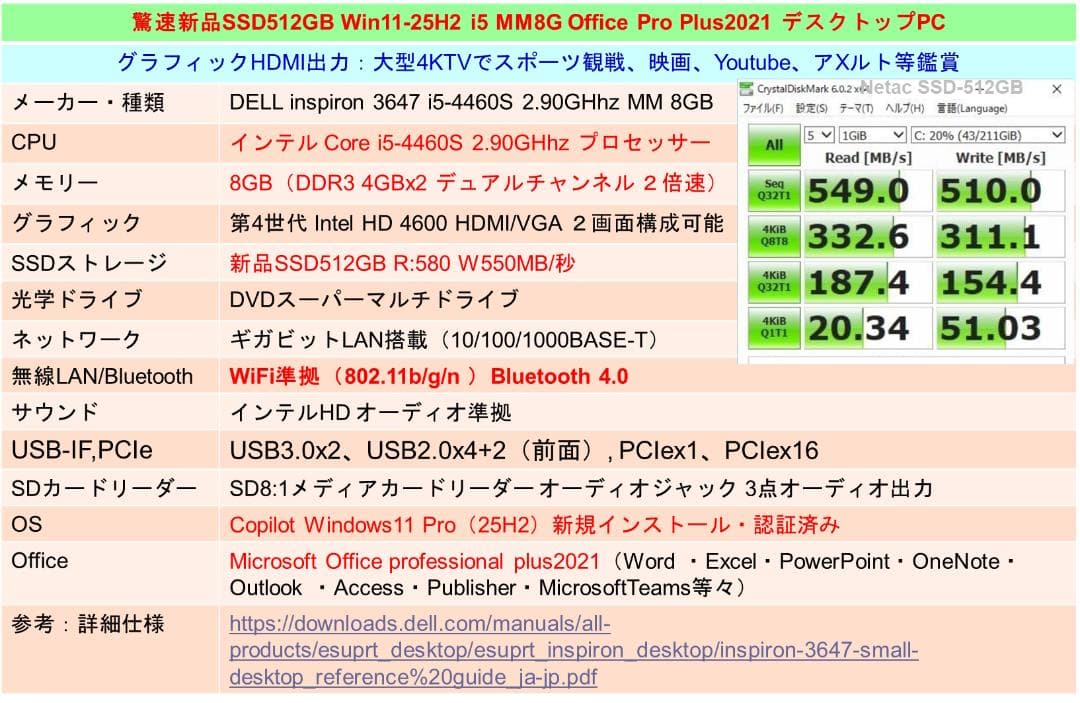 驚速【整備済み品】 SSD512G M8G Win11Office ビジネス
