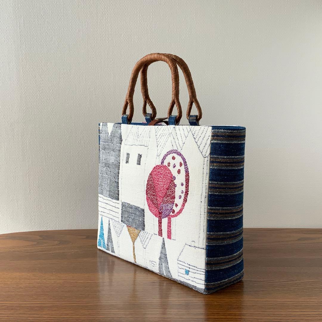 紬帯 メルヘンな風景 リメイク 山葡萄ハンドルバッグ