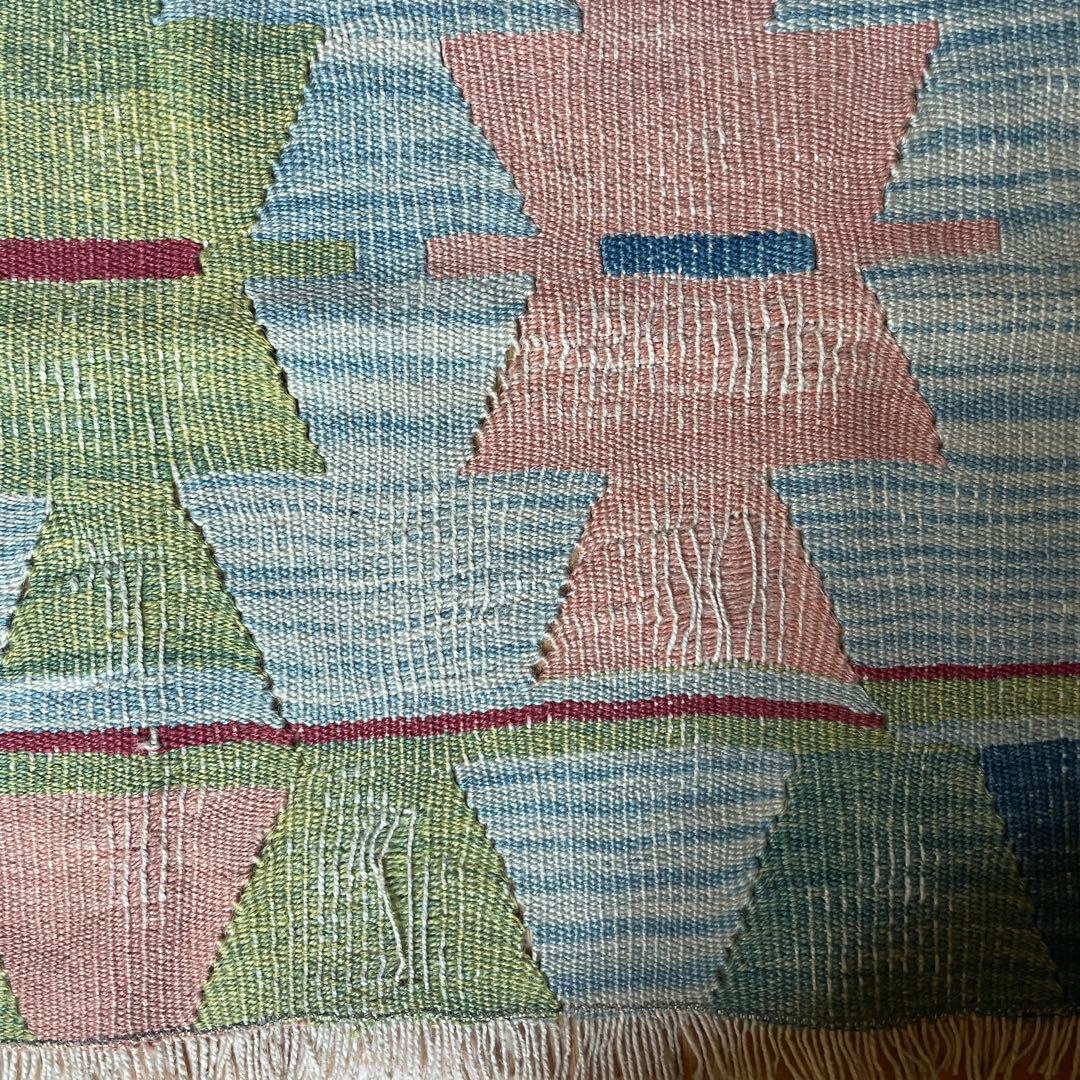 109×85㎝◇トルコヴィンテージキリムラグ◇ブルーベース　カラフル1188