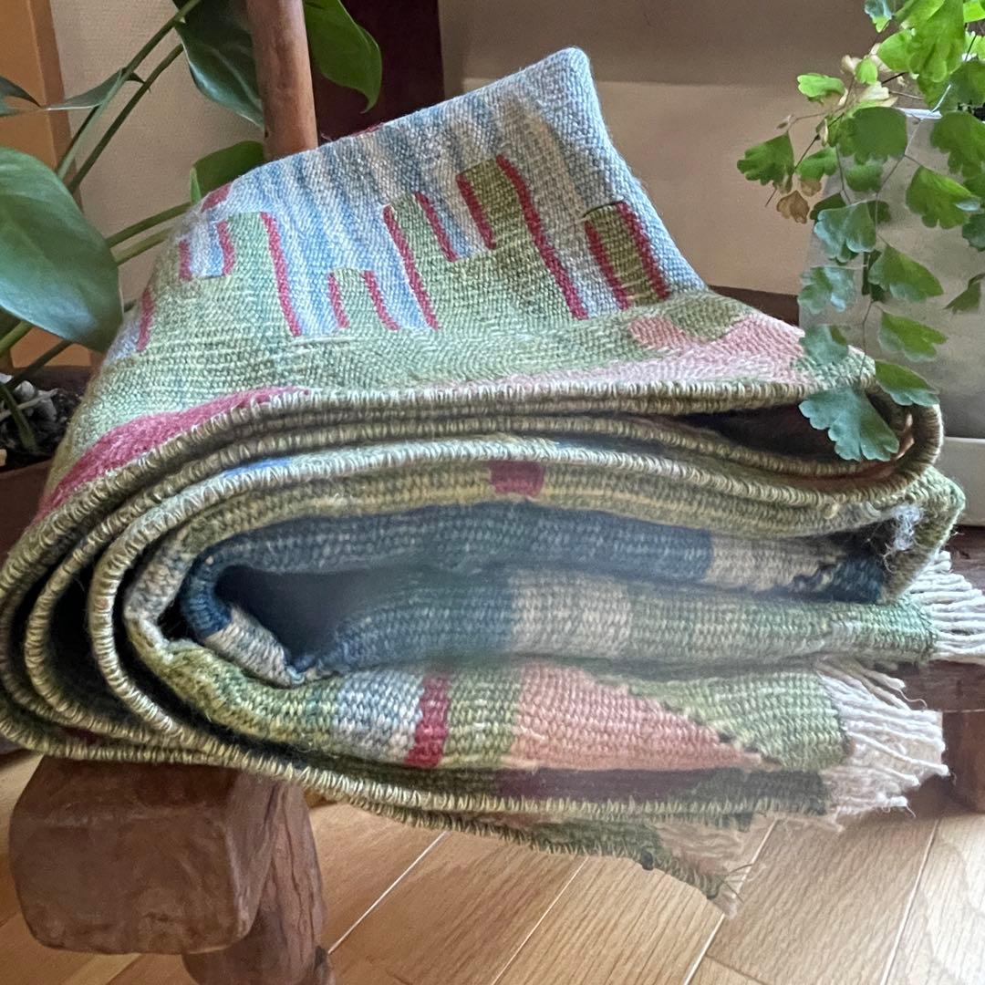 109×85㎝◇トルコヴィンテージキリムラグ◇ブルーベース　カラフル1188