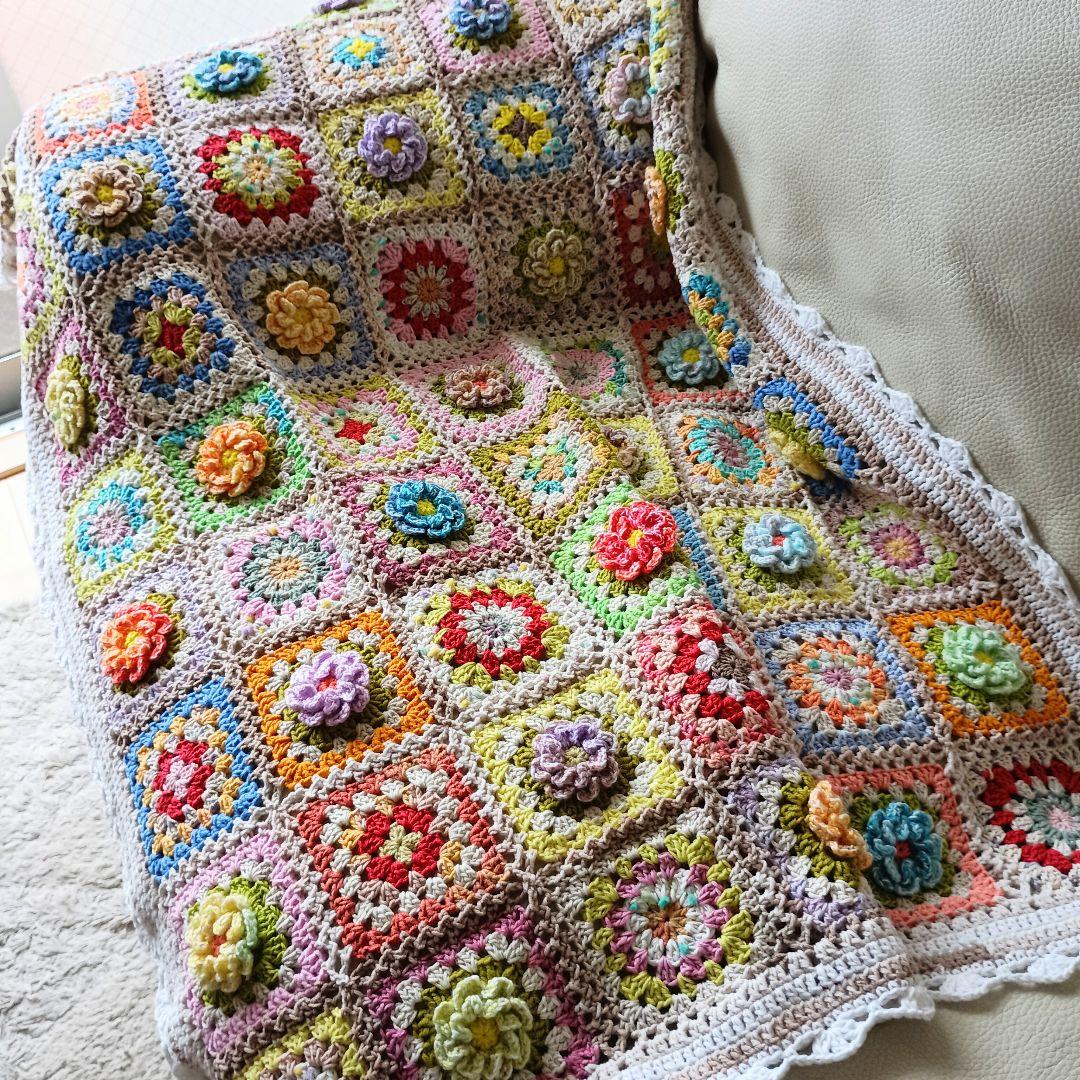 手編みブランケット★お花モチーフ★グラニースクエア★コットン★カラフル★かぎ針編