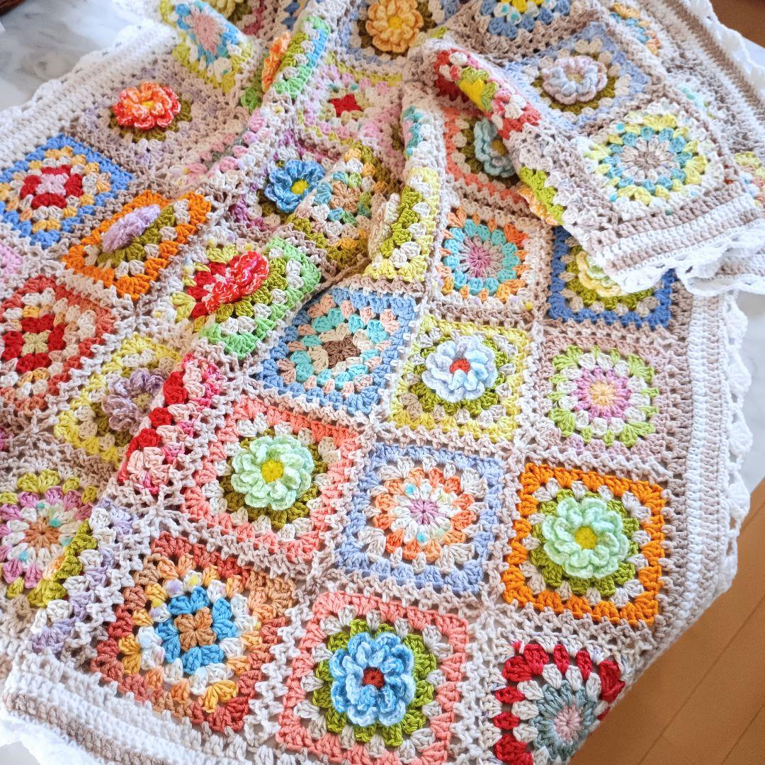 手編みブランケット★お花モチーフ★グラニースクエア★コットン★カラフル★かぎ針編