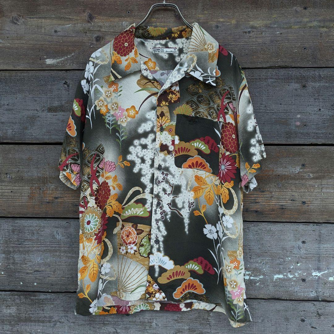 山田レン　80s　ビンテージ　好配色　入れ墨　和柄　アロハシャツ　レーヨン100