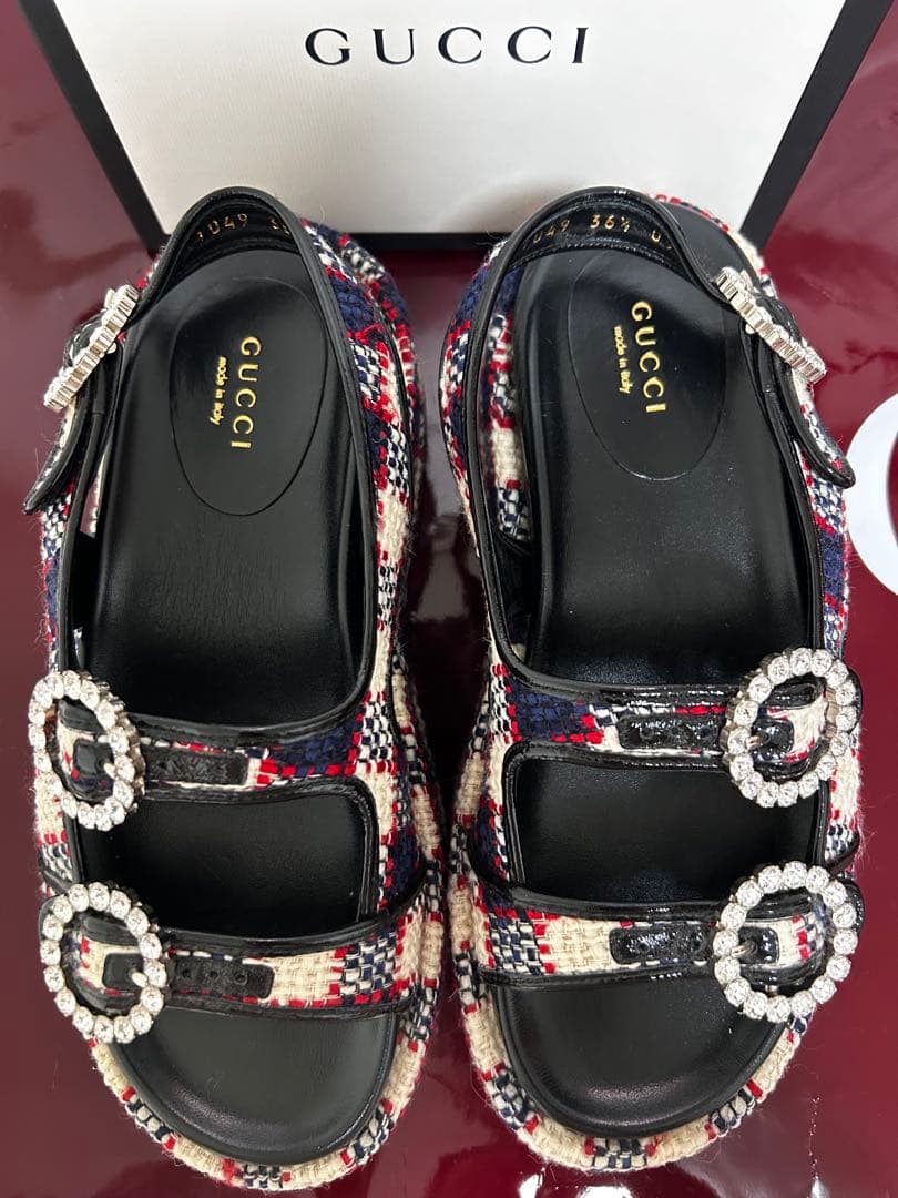 美品GUCCI ビジュー付きチェック柄サンダルサイズ36ハーフ