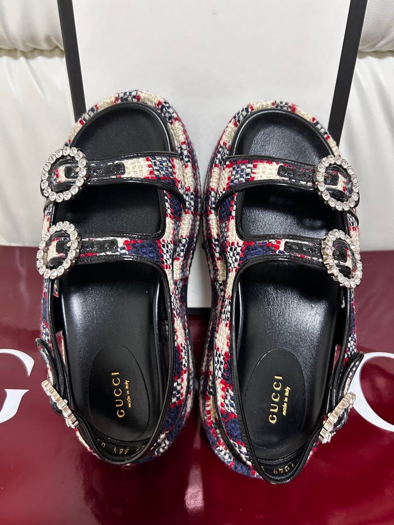 美品GUCCI ビジュー付きチェック柄サンダルサイズ36ハーフ