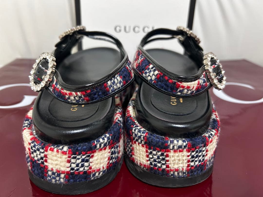 美品GUCCI ビジュー付きチェック柄サンダルサイズ36ハーフ