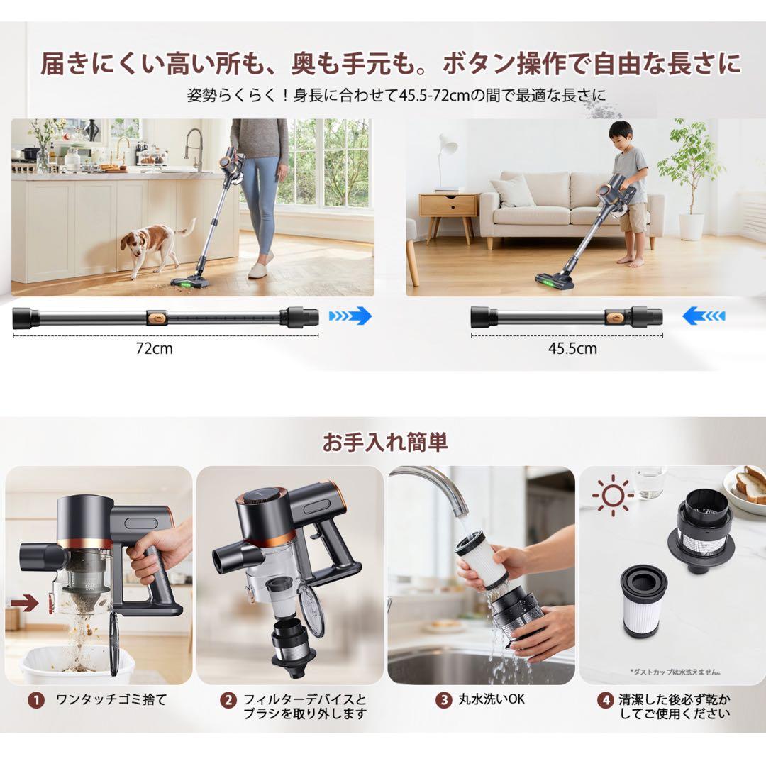 掃除機 コードレス 超強力吸引 75Kpa 最軽量 自立式 グリーンLED