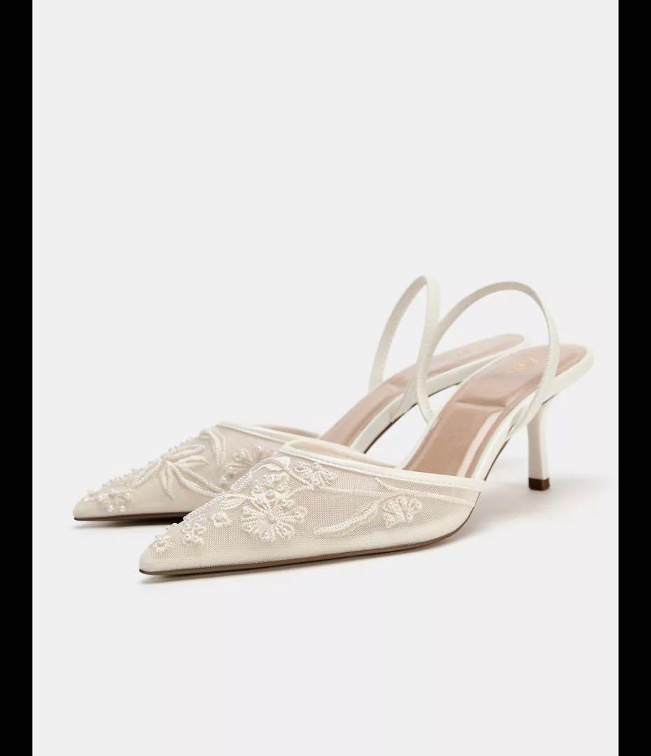 【新品タグ付き】ZARA 刺繍入りメッシュ、スリングバックスタイル　ホワイト24