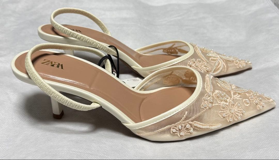 【新品タグ付き】ZARA 刺繍入りメッシュ、スリングバックスタイル　ホワイト24