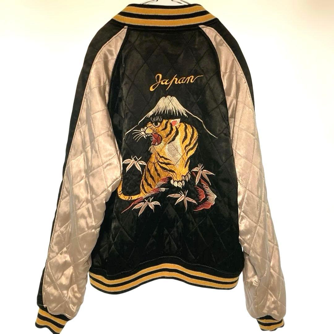 ヒューストン スカジャン Mサイズ 虎 刺繍 キルティング 黒×ベージュ 顔虎