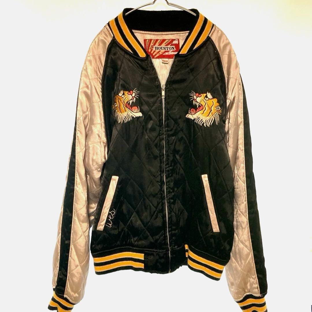 ヒューストン スカジャン Mサイズ 虎 刺繍 キルティング 黒×ベージュ 顔虎