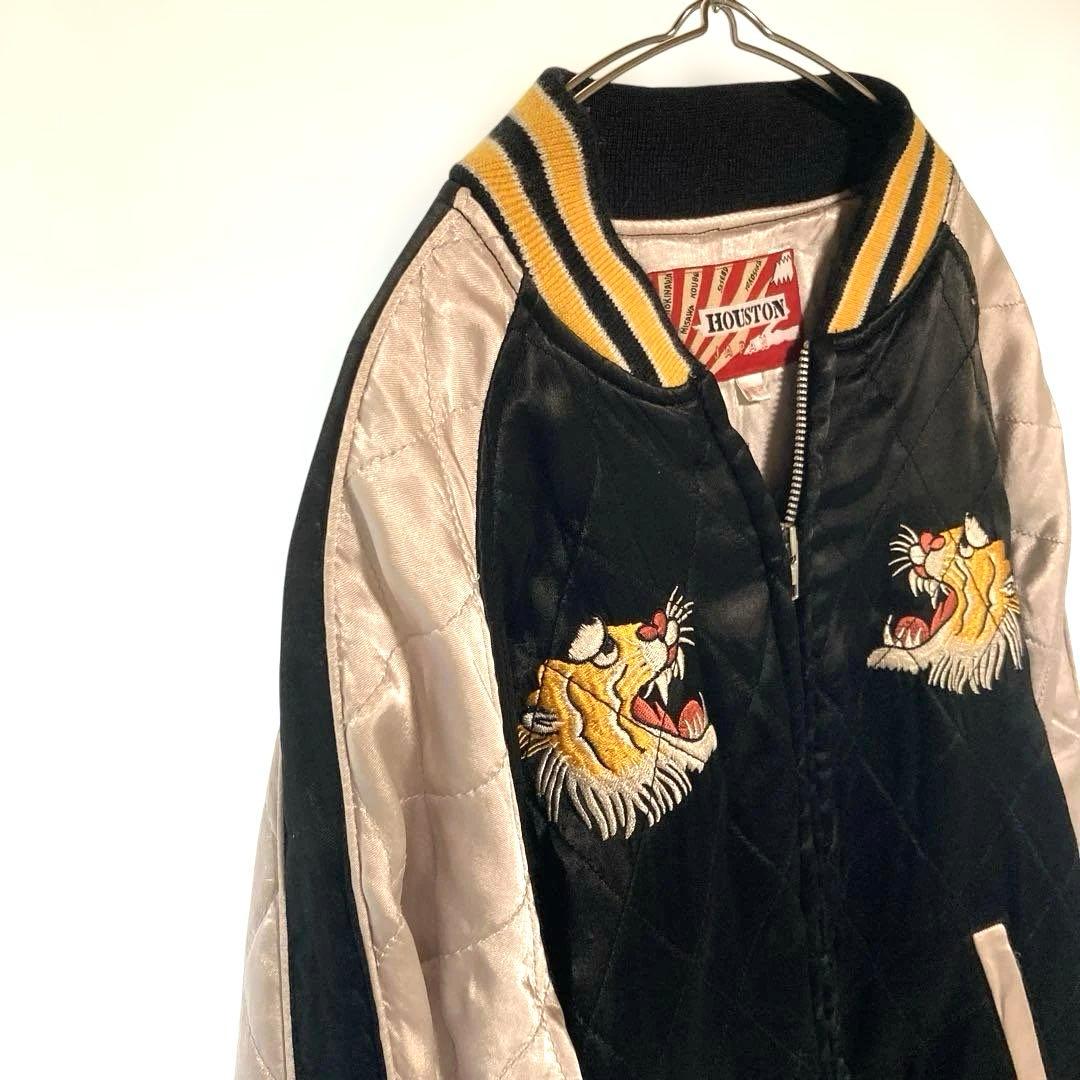 ヒューストン スカジャン Mサイズ 虎 刺繍 キルティング 黒×ベージュ 顔虎