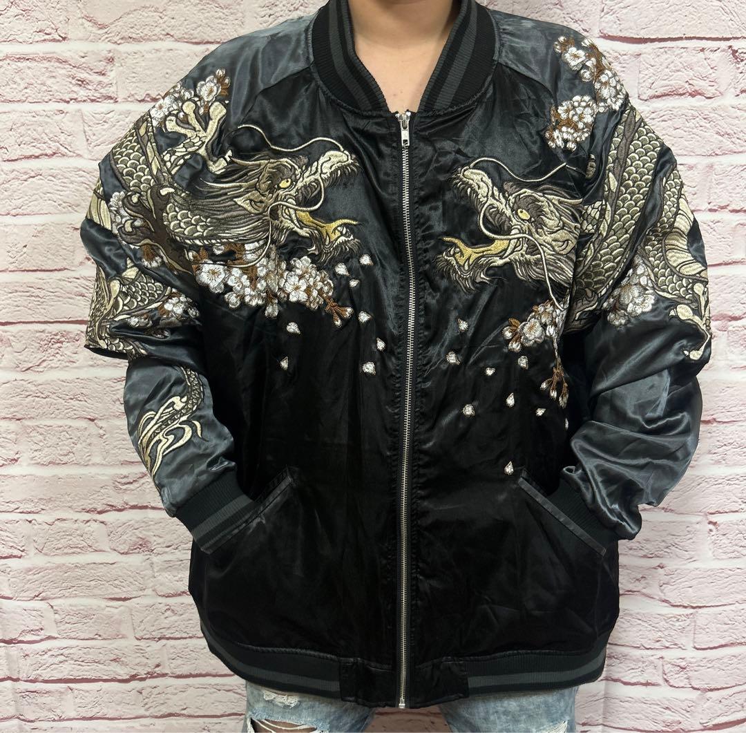 【☆抜群の存在感☆】絡操魂 スカジャン XXL 黒 龍刺繍 最高傑作 高級感◎