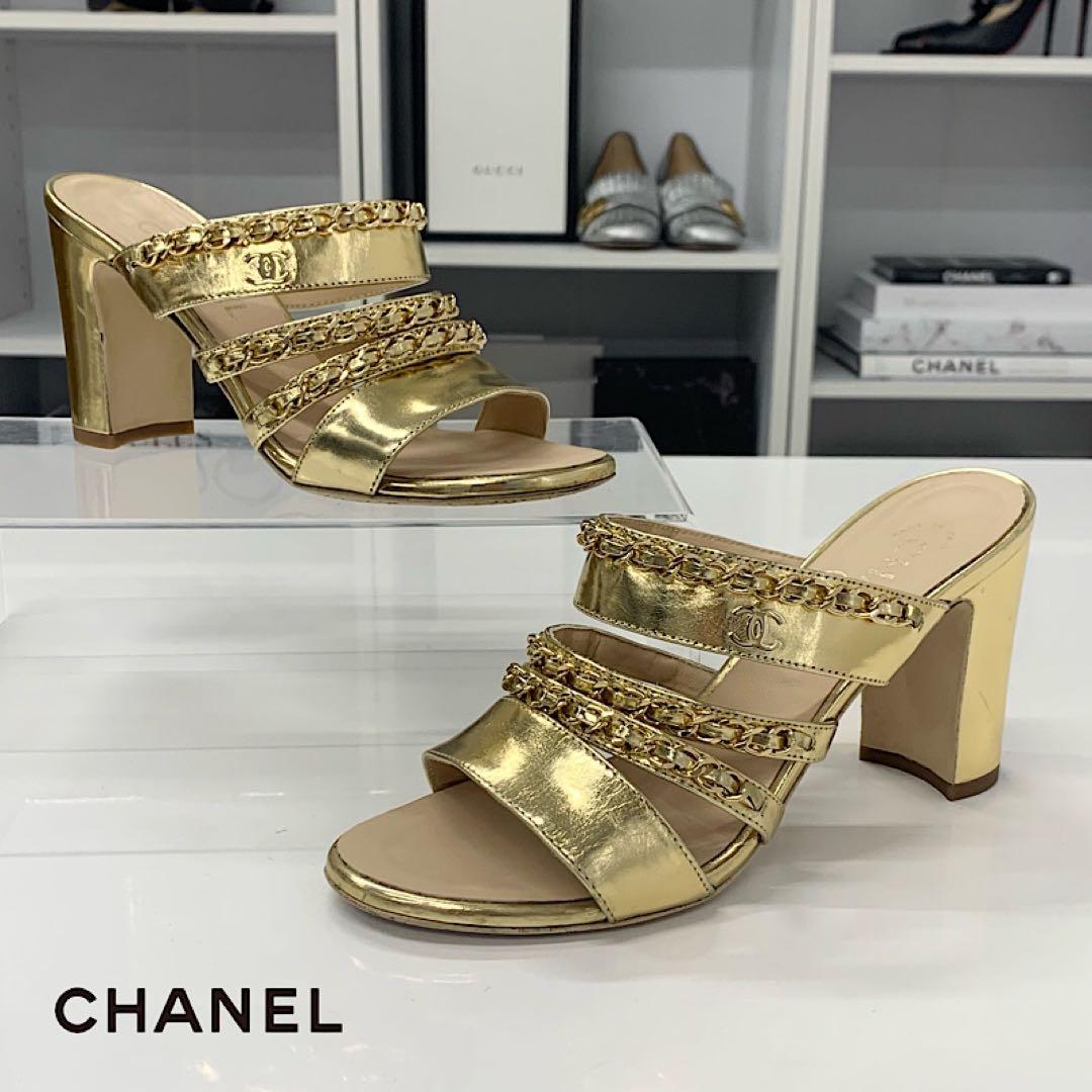 シャネル ココマーク レザー チェーン サンダル ゴールド