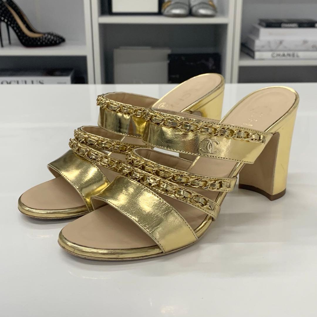 シャネル ココマーク レザー チェーン サンダル ゴールド