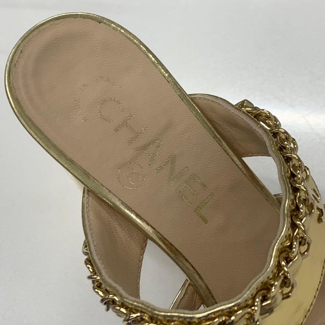 シャネル ココマーク レザー チェーン サンダル ゴールド