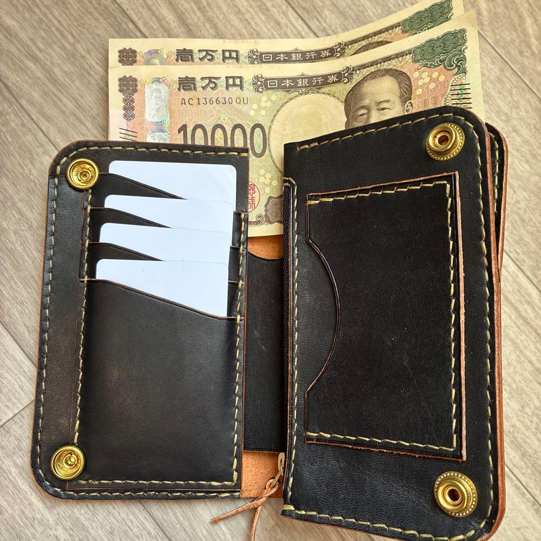 【茶芯ブラック】ミドルトラッカーウォレット　真鍮　お札を折らずに収納　タイプB