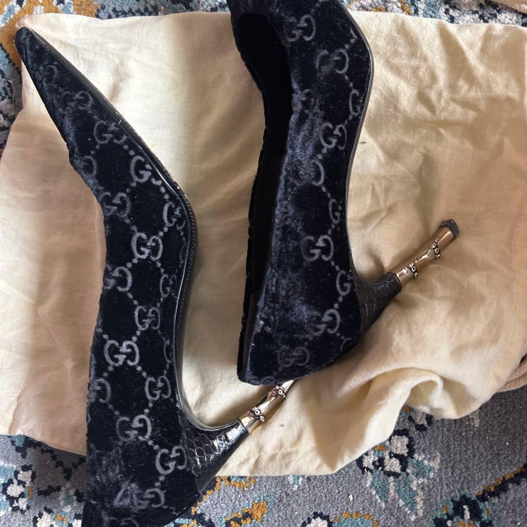 グッチ パンプス 35ハーフ　約22.5cm ベルベット バンブー ヒール　レア