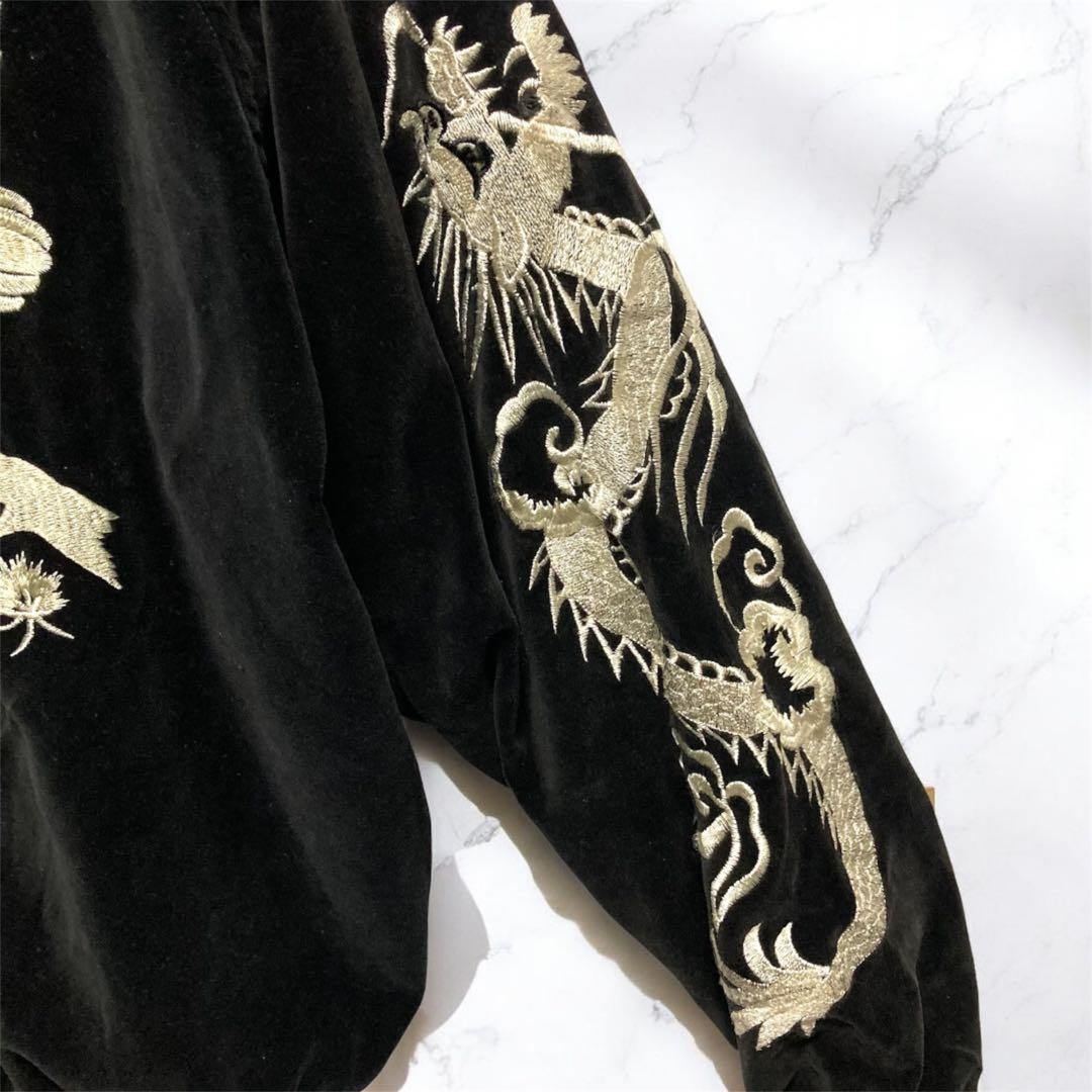 ベロア生地！ヴィンテージスカジャン スーベニアジャケット L 黒×金 別珍