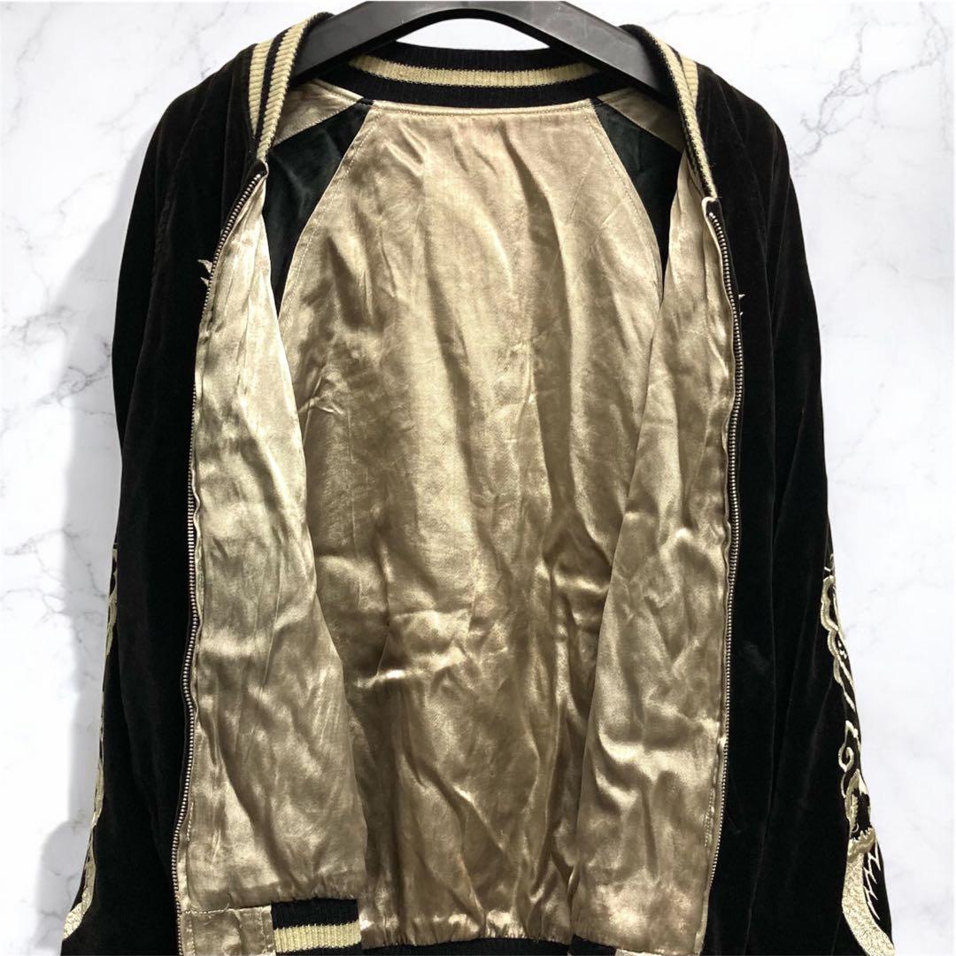 ベロア生地！ヴィンテージスカジャン スーベニアジャケット L 黒×金 別珍