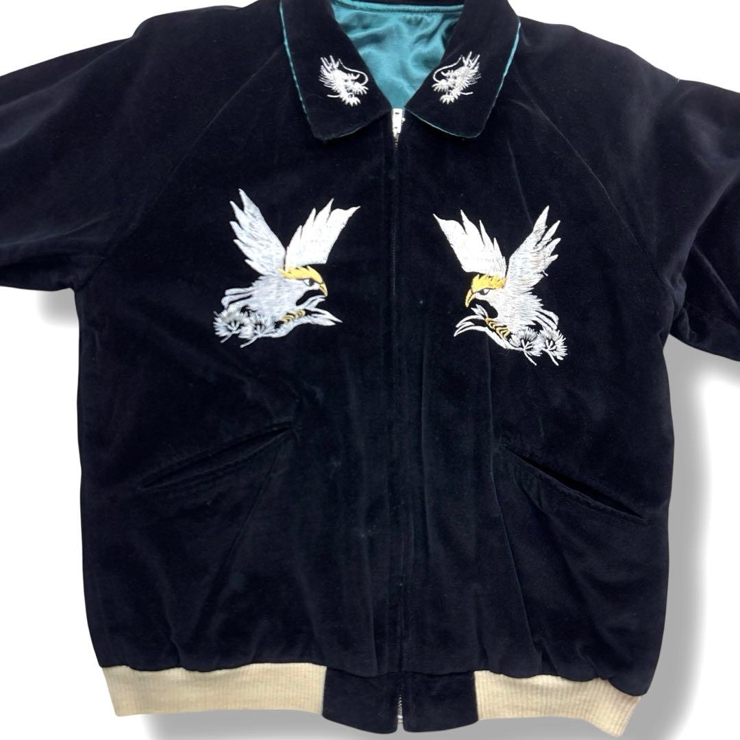 希少 テーラー東洋 スカジャン スーベニア 別珍 鷹×龍 刺繍 ベロア 黒 M