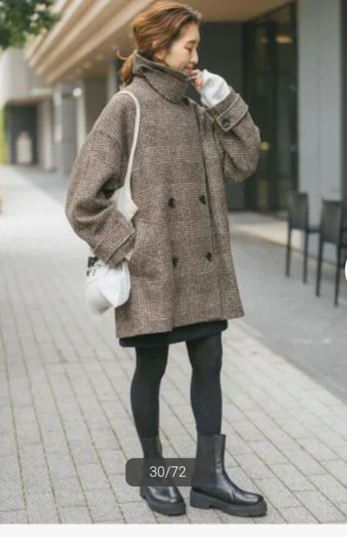 スピックアンドスパンＷスライバーチェックハーフコートブラウンM