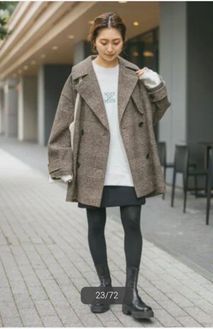 スピックアンドスパンＷスライバーチェックハーフコートブラウンM