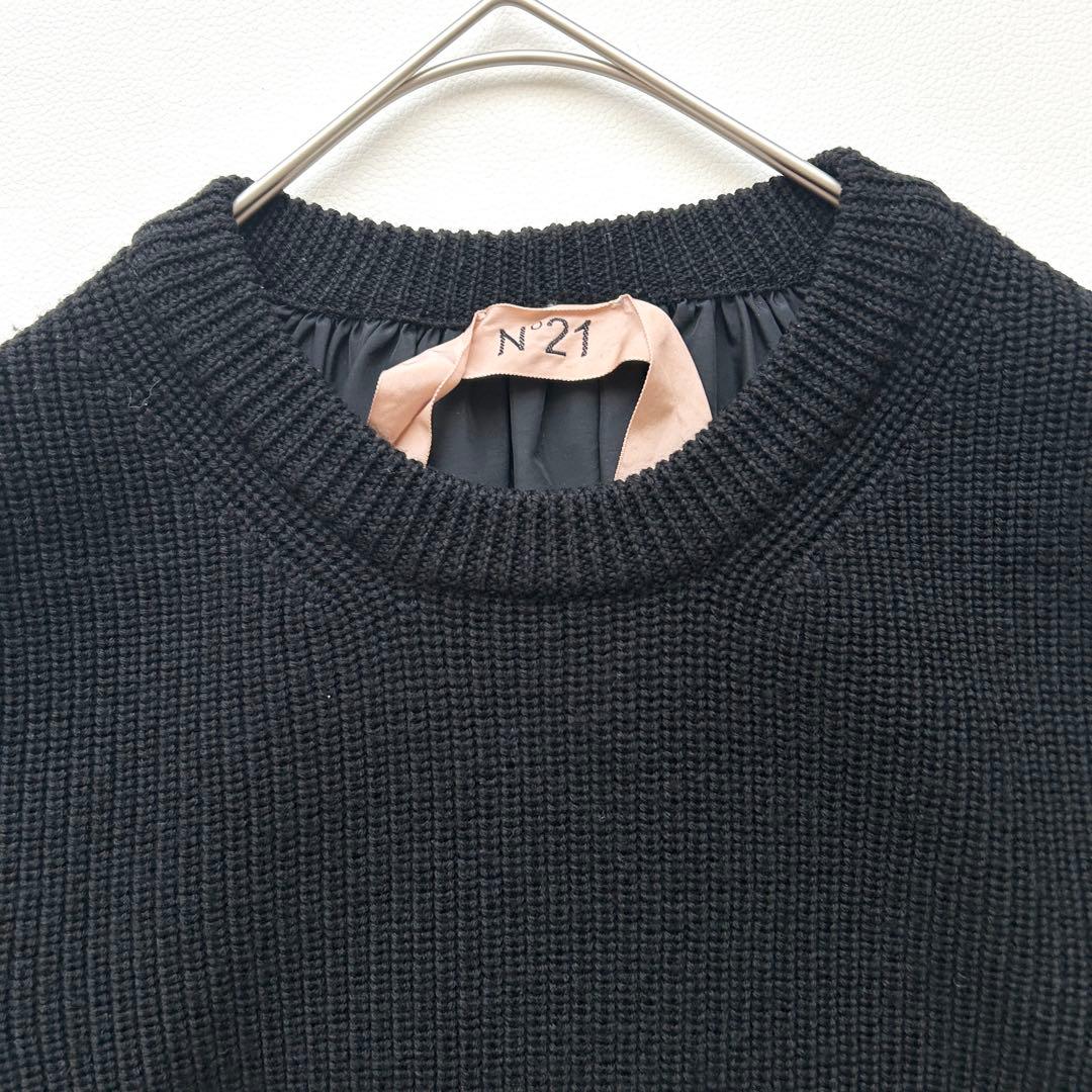 希少✨N°21 ウール ニット 異素材ドッキング バックギャザー レース 黒