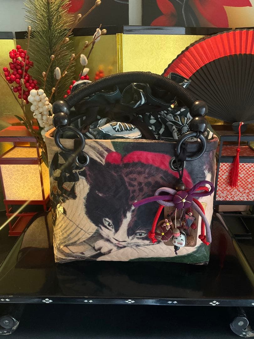 一閑張り　一閑張りバッグ　古文書　和紙　大正　着物　竹籠　小林清親　猫と提灯