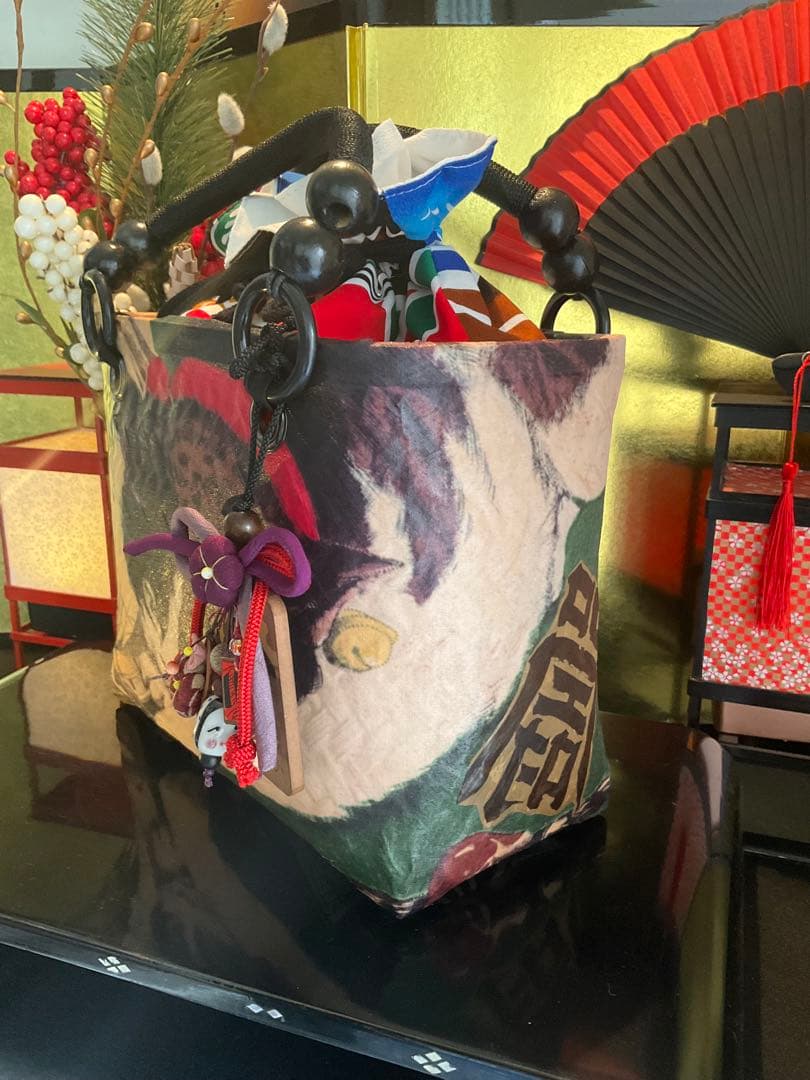 一閑張り　一閑張りバッグ　古文書　和紙　大正　着物　竹籠　小林清親　猫と提灯