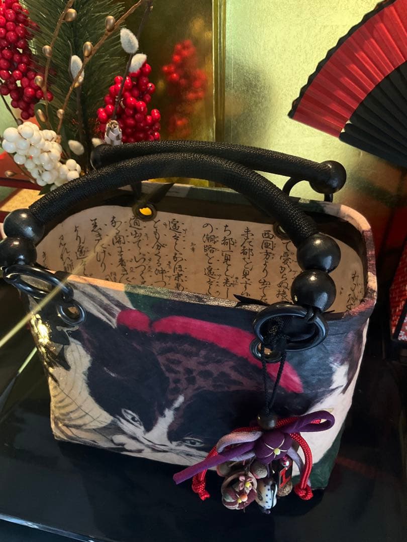 一閑張り　一閑張りバッグ　古文書　和紙　大正　着物　竹籠　小林清親　猫と提灯