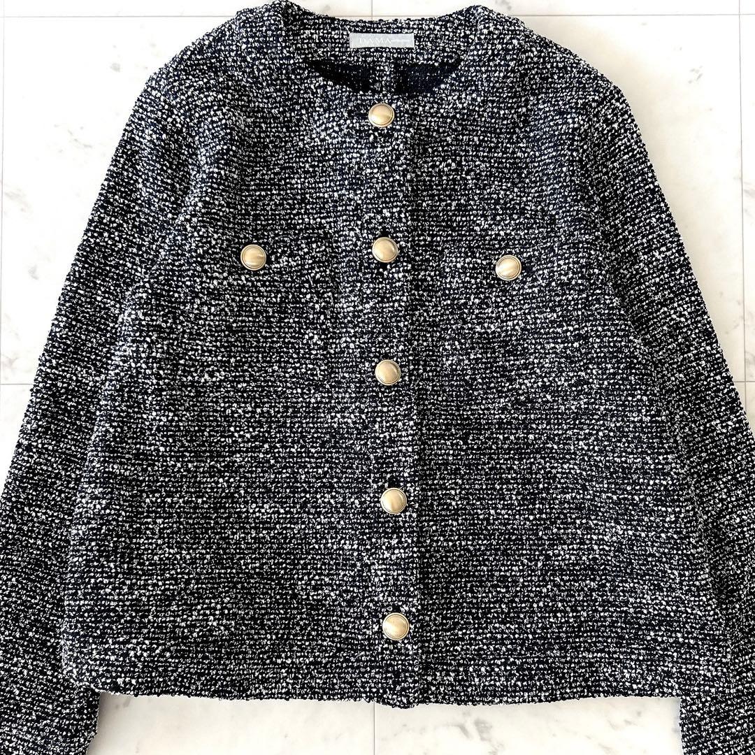 美品 ダーマコレクション 大きいサイズ ツイード ニットカーディガン 金ボタン