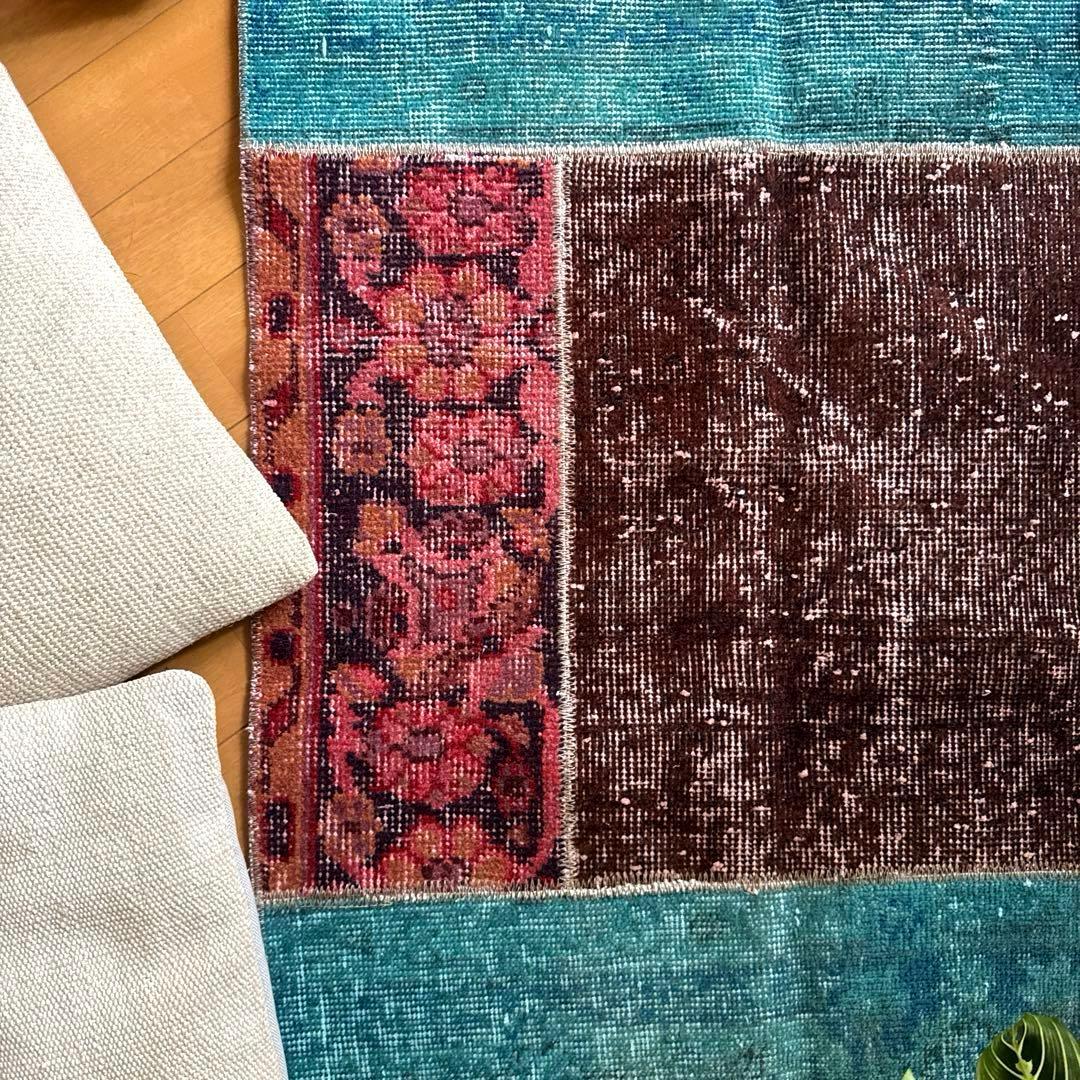 55×103 神秘的ブルー×ブラウン×ボタニカル　トルコヴィンテージラグ