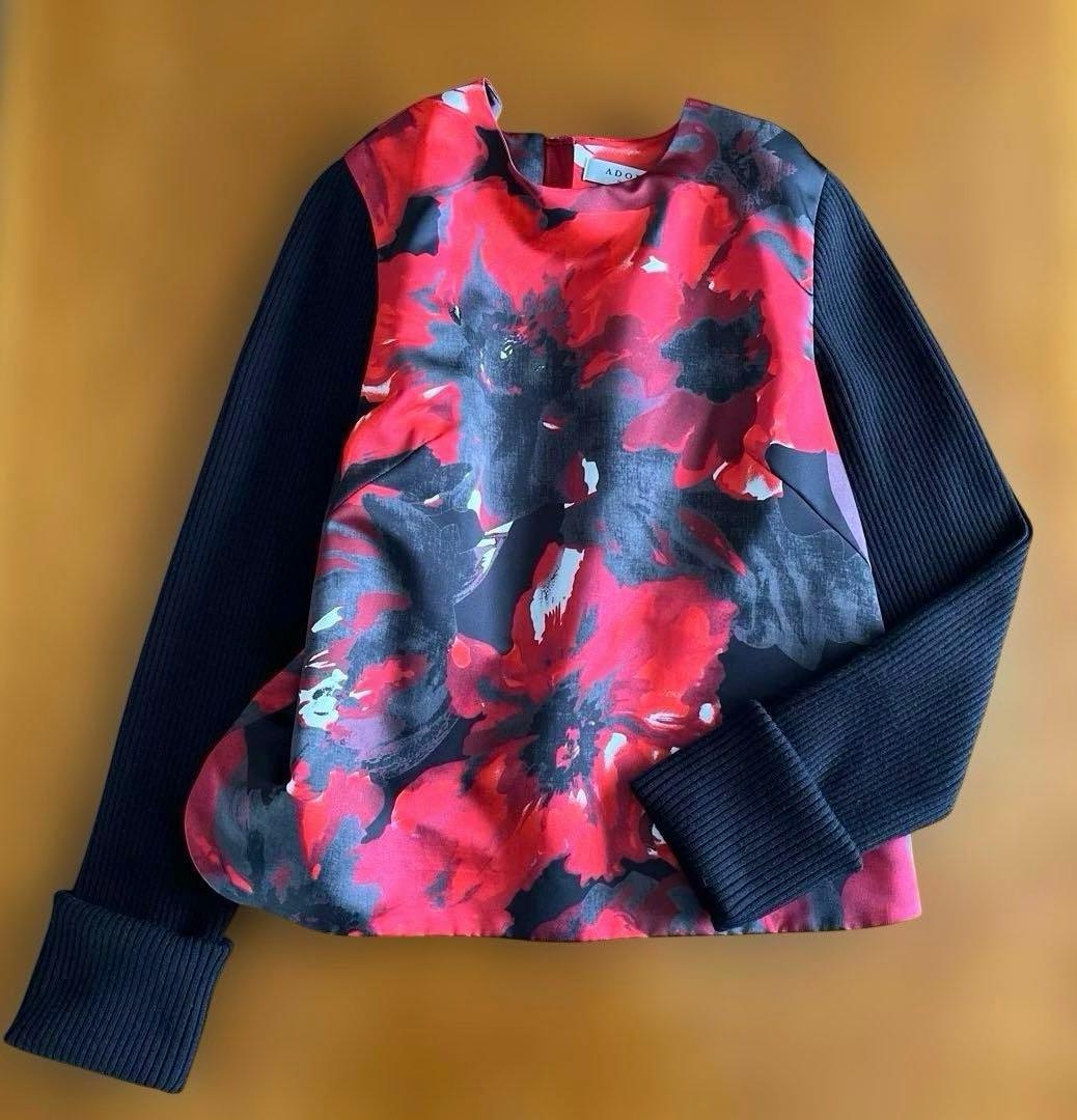 ADORE プルオーバーブラウス　トップス　異素材　光沢花柄プリント＋ニット