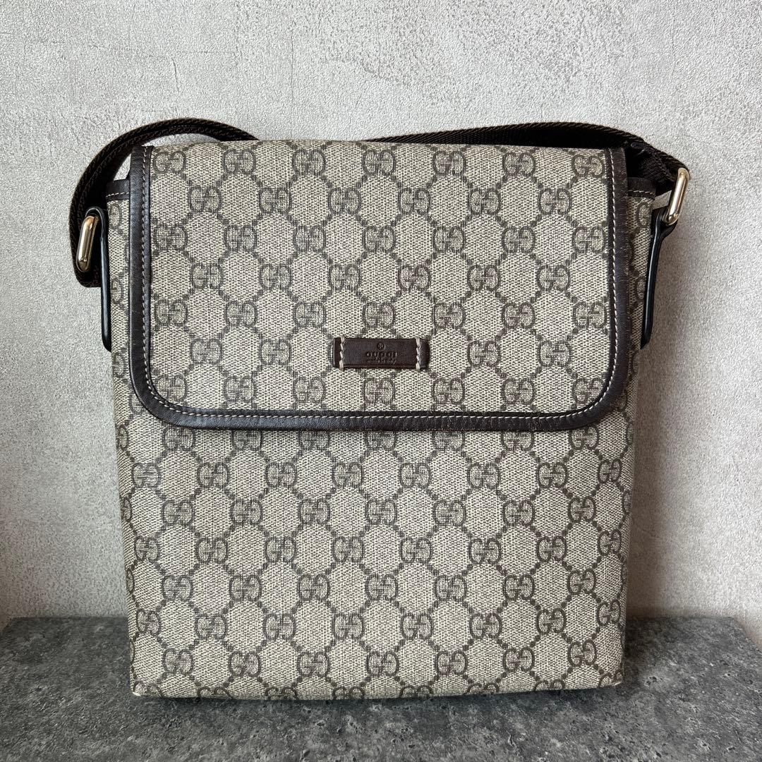 グッチ GG スプリーム PVC×レザー ショルダー バッグ メッセンジャー 茶