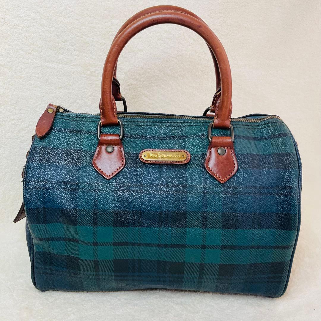 ポロラルフローレン ミニボストンバッグ PVCレザー グリーンチェック