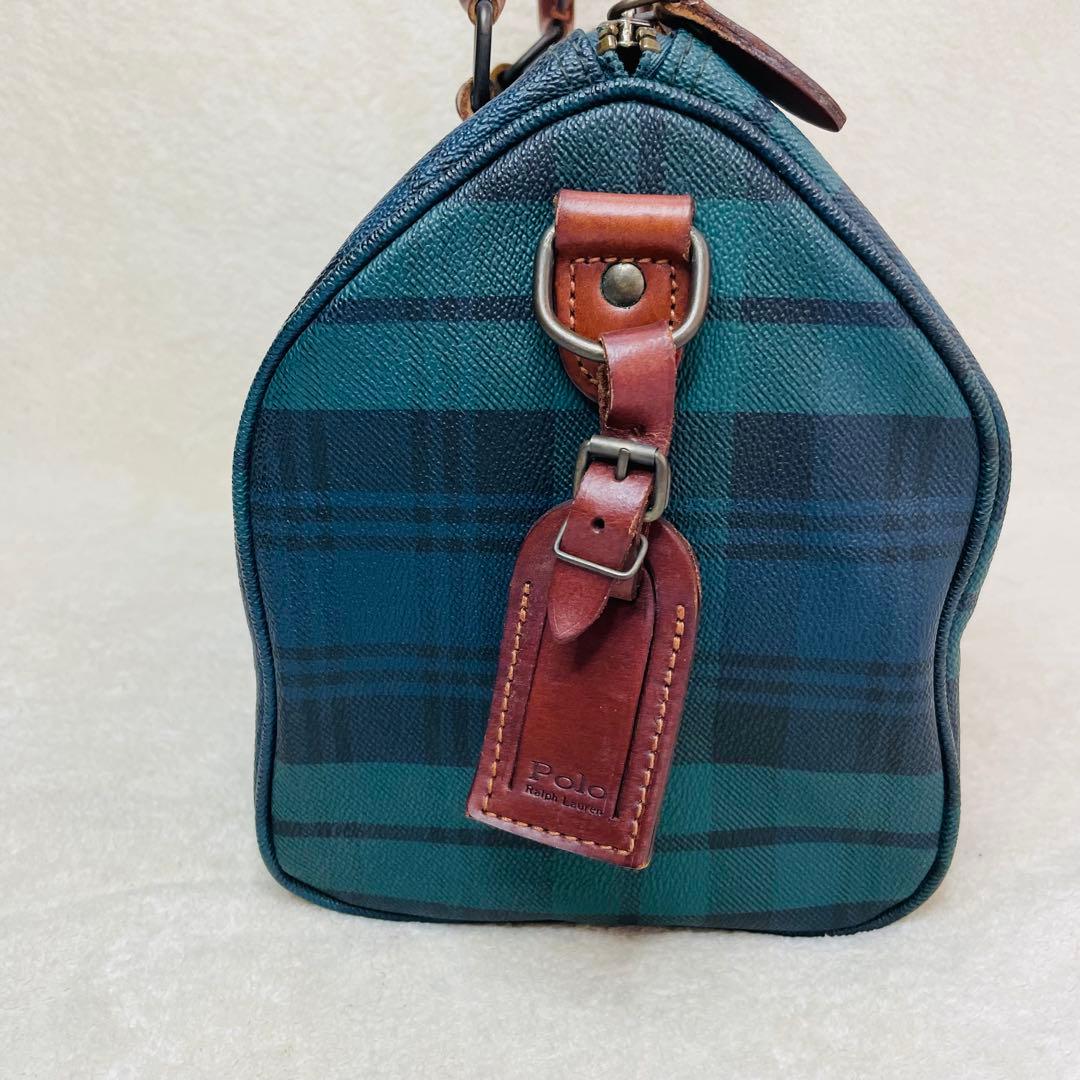 ポロラルフローレン ミニボストンバッグ PVCレザー グリーンチェック