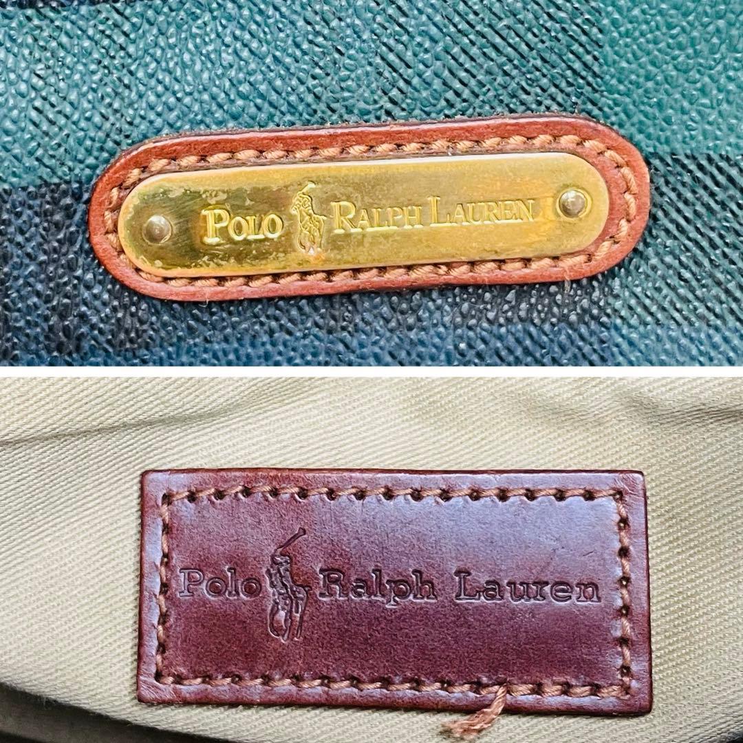 ポロラルフローレン ミニボストンバッグ PVCレザー グリーンチェック