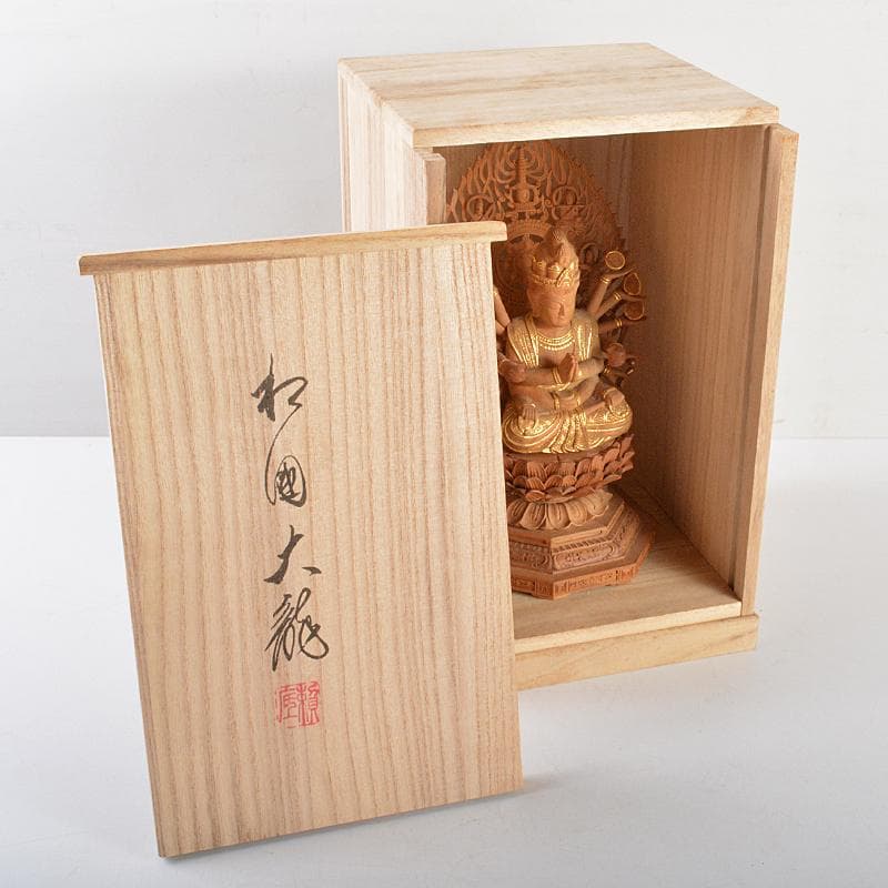 はろはろ　仏教美術松園大龍作白檀彫刻　千手観音菩薩像　共箱　U　R5647