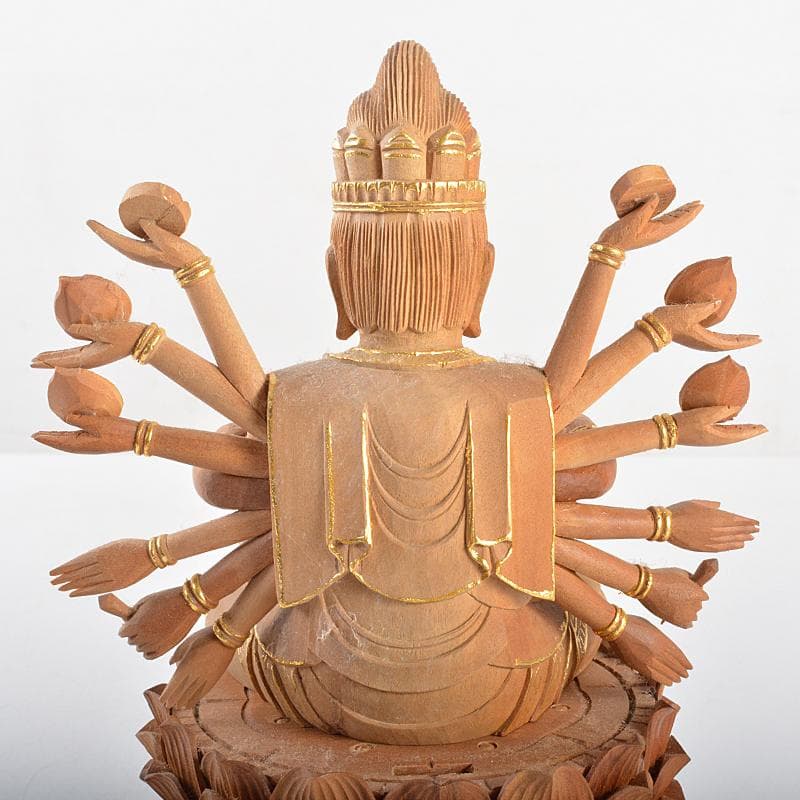 はろはろ　仏教美術松園大龍作白檀彫刻　千手観音菩薩像　共箱　U　R5647