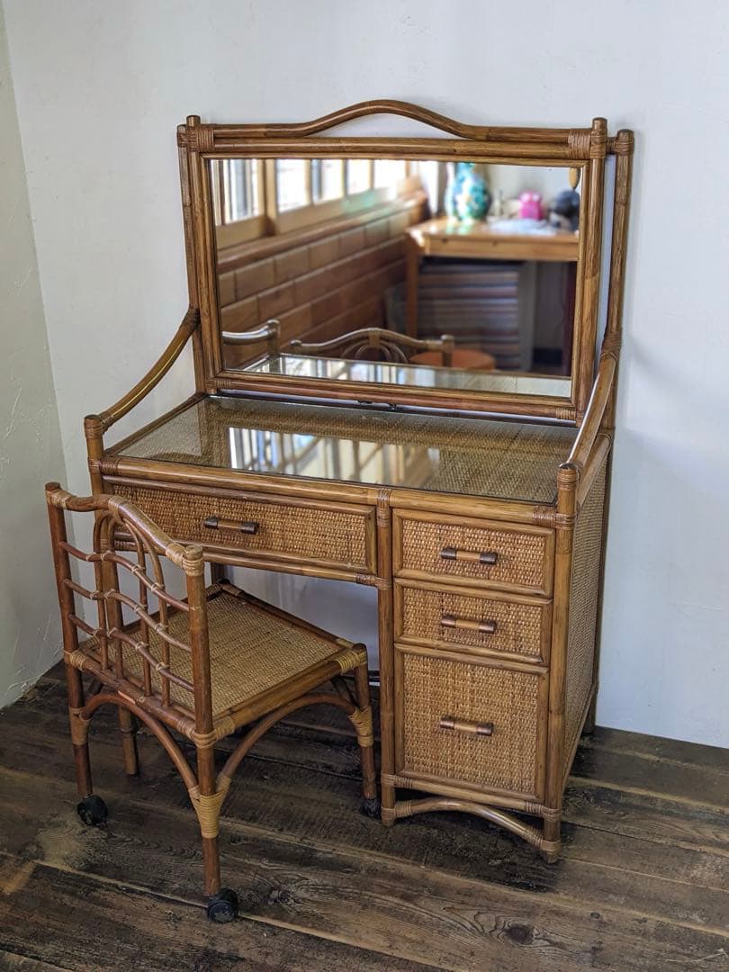 【Kazama】籐家具 ラタンのドレッサー 鏡台 椅子付
