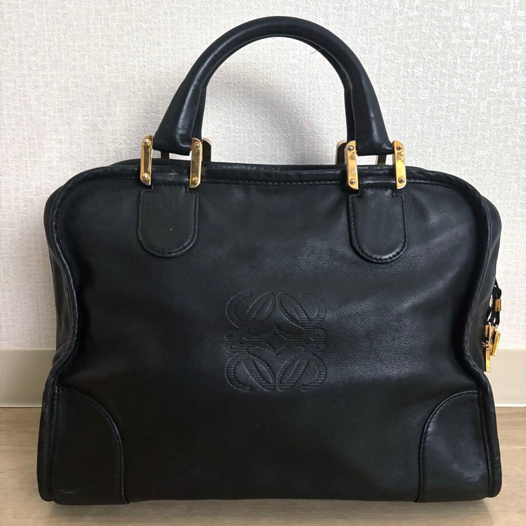 け*う様 【本物】ロエベ アマソナ32 ハンドバッグ アナグラム 本革レザー 黒