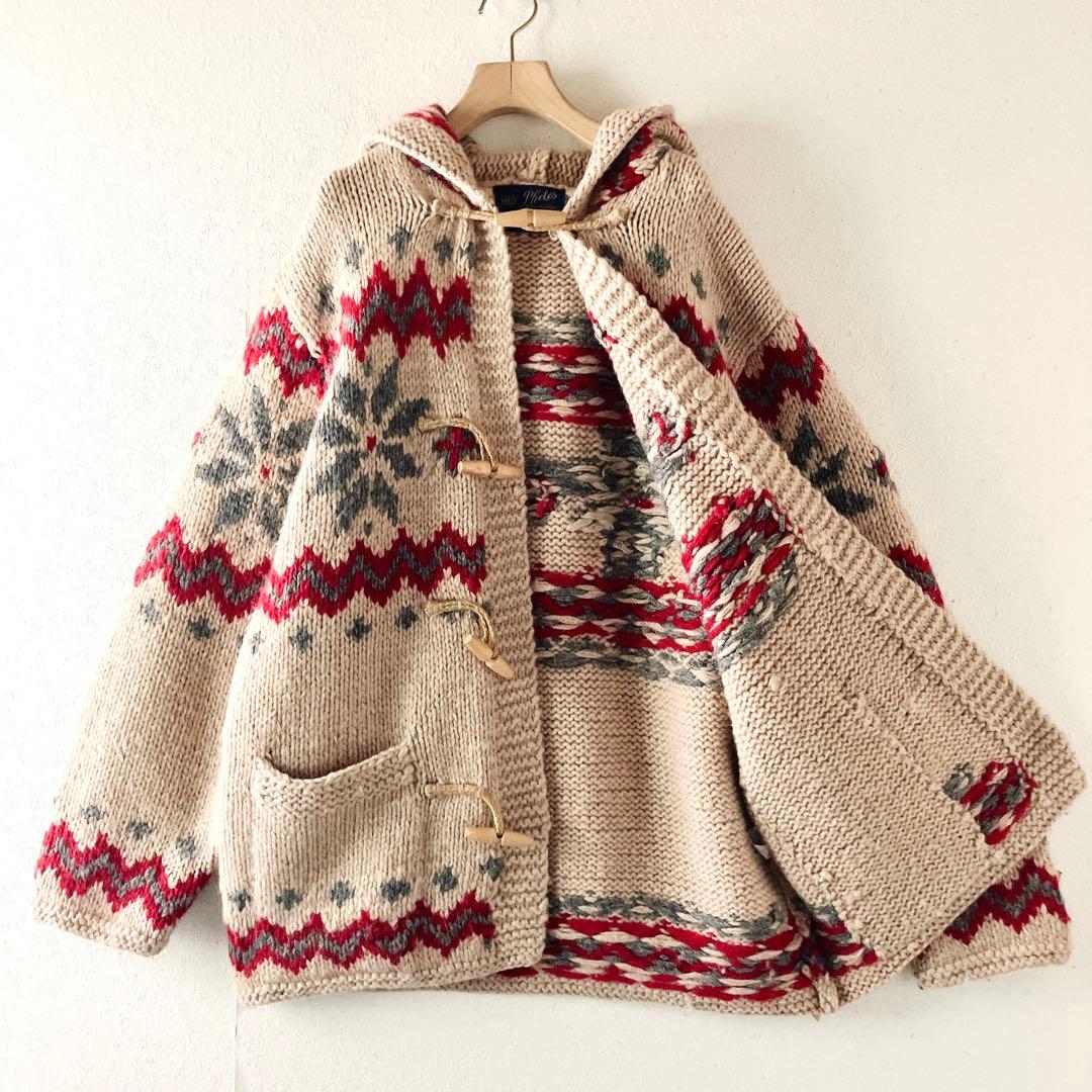 ノルディック柄フード付きダッフルコート　ニット カーディガン 肉厚 ナチュラル