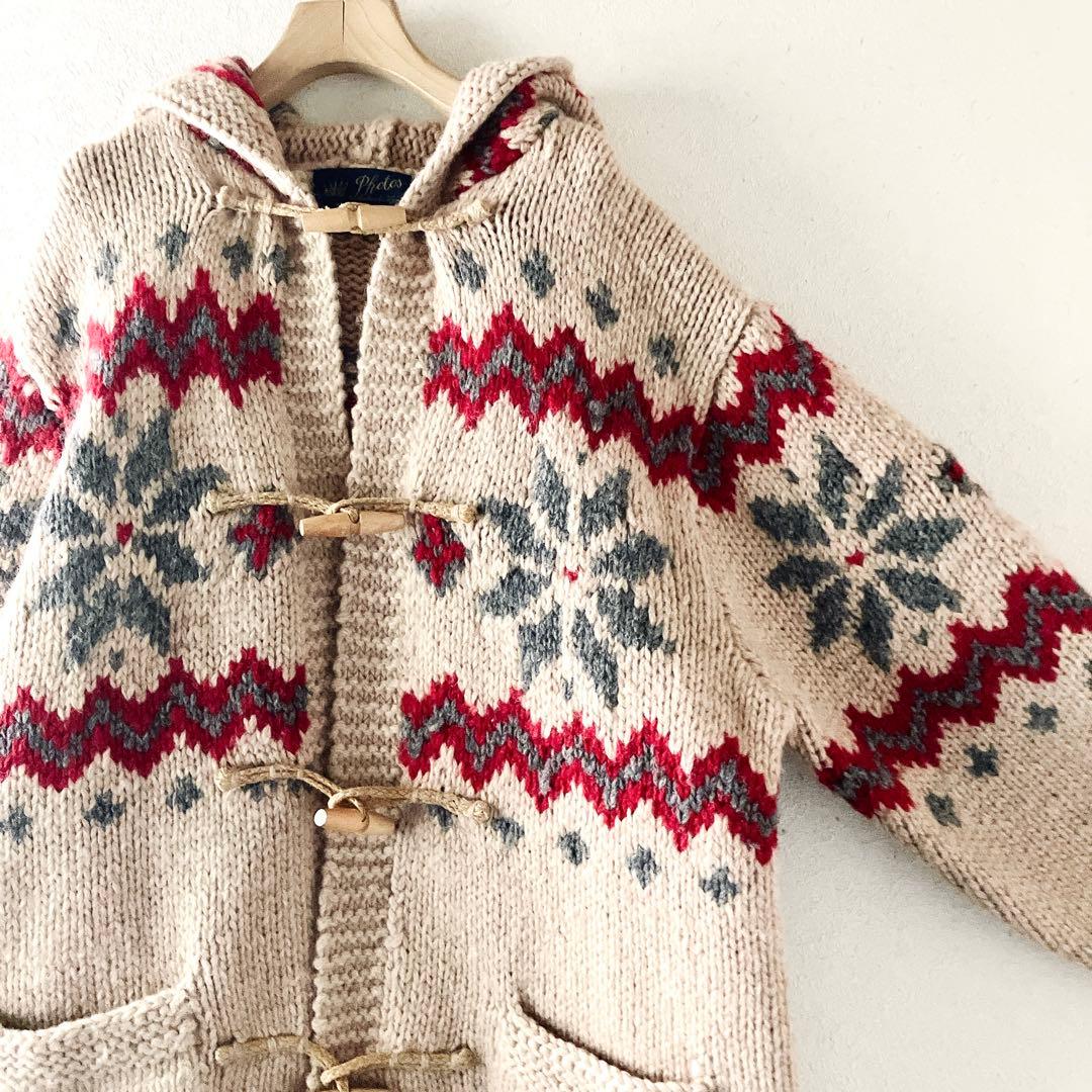 ノルディック柄フード付きダッフルコート　ニット カーディガン 肉厚 ナチュラル